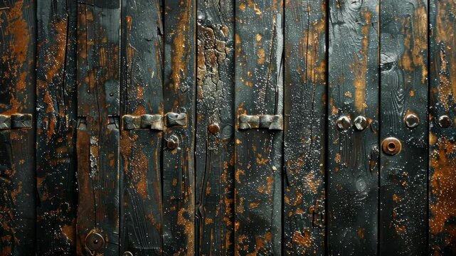 A weathered wooden door with metal hinges and nails