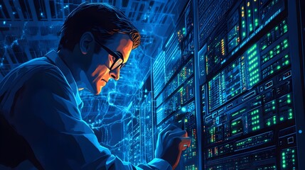 Naklejka premium Network Administrator Monitoring Digital Security Infrastructure for Potential Threats