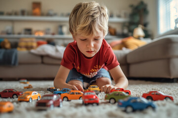Curious boy playing with toy cars. An ideal image for themes of childhood, playtime, and learning. Perfect for educational content, advertisements, and familyoriented marketing