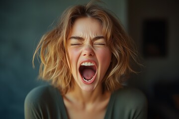 Distressed woman screaming in frustration, emotional stress relief concept for mental health awareness, therapy, and expressive arts