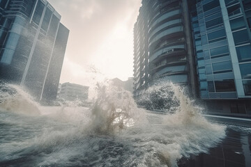 Destructive oceanic tsunami, high-rise buildings background. Natural water disaster. AI generated.