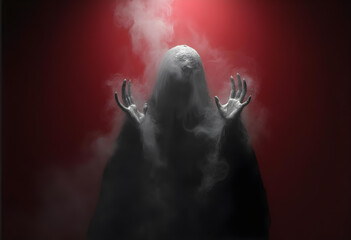 Naklejka premium Eerie figure shrouded in mist, hands raised in haunting pose against red background, creating chilling atmosphere