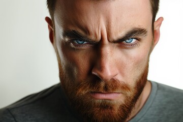 Obraz premium Intense CloseUp Portrait of Bearded Man with Piercing Blue Eyes and Serious Expression