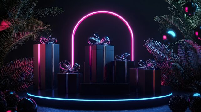 Final highlight the Black Friday super sale series, featuring a sophisticated display black gift boxes on a dark podium, encapsulated by a radiant neon sign for an unforgettable shopping spectacle. - Powered by Adobe