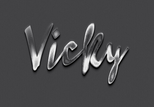 Chrome metal 3D name design of Vicky on grey background.