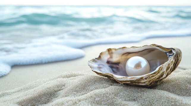 A pearl inside an oyster shell placed on a bed of sand with soft ocean waves lapping in the background, symbolizing natures hidden treasures.