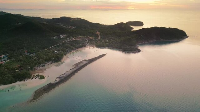 Aerial of Koh Nang Yuan islet at sunset beach in the island of Koh Phangan Thailand holiday destination