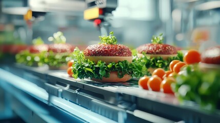 Freshly made burgers with lettuce and tomatoes on a production line.