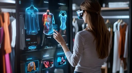 A woman wearing a white shirt and vr goggles stands in a store, browsing virtual clothing options on a large digital display. She reaches out to interact with the digital garments.