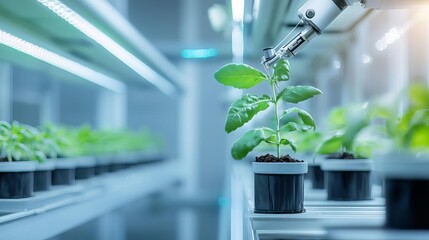 Green plant growing under LED lights in a modern indoor garden.