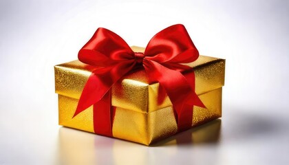 Obraz premium Golden gift box with a red ribbon, perfect for celebrations and special occasions.