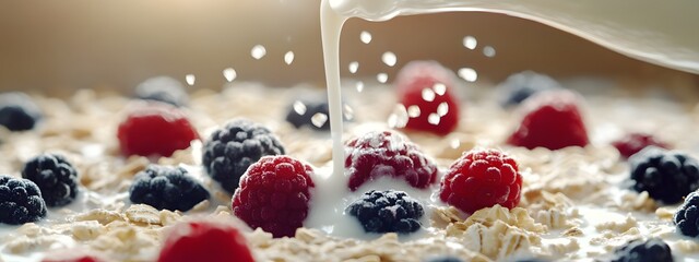 Oats with berries and milk being poured over, a close-up of the cereal in focus