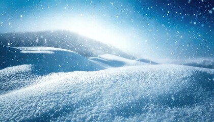 Snowy landscape under a winter sky with soft snowfall and serene atmosphere.