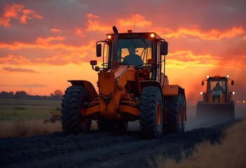 Heavy machinery operates at sunset, showcasing vibrant sky and dust clouds. scene captures essence of agricultural work and beauty of nature