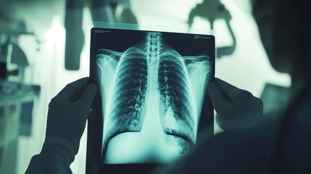 Doctor carefully examines X-ray film of patient's lungs, identifying COVID-19 complications, with medical instruments and charts in the background.