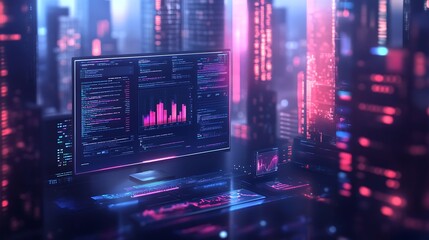 Obraz premium A tech startup's legal software development process, code running on one screen while legal documents are digitally analyzed on another, a futuristic workspace with clean lines,