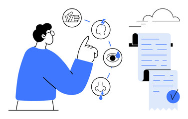 A man gestures toward five sensory system icons including touch, hearing, sight, and smell. Beside him is a detailed checklist with a checkmark. Ideal for education, health, sensory processing