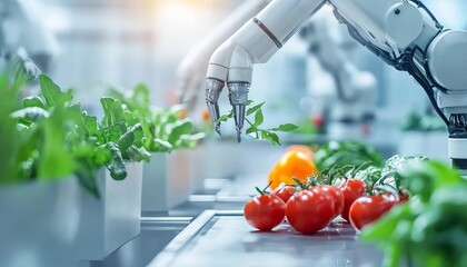 Robotic arm picking fresh tomatoes and greens in a modern agricultural setting.
