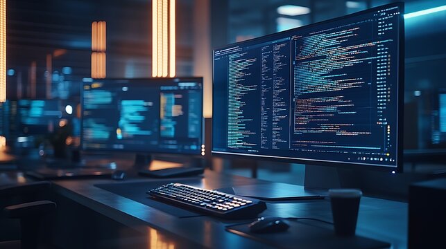 A tech startup's legal software development process, code running on one screen while legal documents are digitally analyzed on another, a futuristic workspace with clean lines,