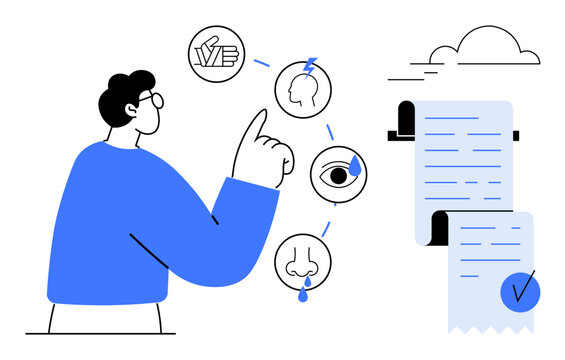 A man gestures toward five sensory system icons including touch, hearing, sight, and smell. Beside him is a detailed checklist with a checkmark. Ideal for education, health, sensory processing