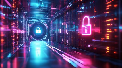 A virtual representation of GDPR regulations, personal data flowing through encrypted digital pathways, a holographic lock symbolizing privacy protection,