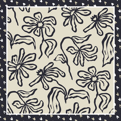 Monochrome black and white brush strokes inky flowers scarf or bandana design. Abstract floral contemporary background.