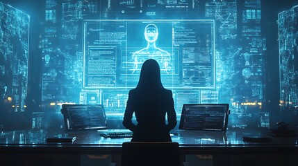 AI legal assistant, processing massive amounts of case law, with holographic screens showing legal outcomes, a lawyer interacting with virtual data, futuristic law office design, cool blue lighting,