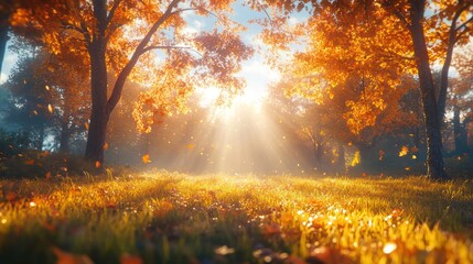 Obraz premium A golden autumn forest with sunrays shining through the trees.