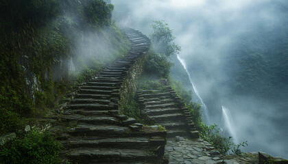 Fototapeta premium A colossal stone staircase winds endlessly through a mist-covered valley