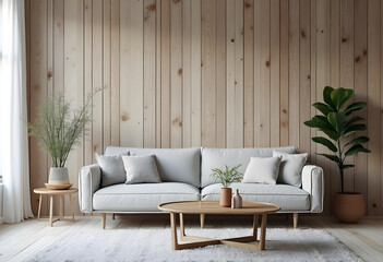 modern living room featuring light colored sofa with cushions, surrounded by natural textures and greenery. wooden wall adds warmth, creating cozy atmosphere