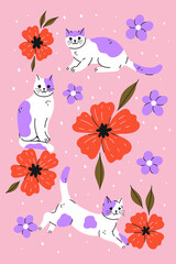 Poster or postcard with cute cats and flowers. Vector graphics.