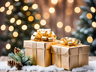 Gift or present boxes, snowy fir tree and golden holiday decoration on wooden table against magic bokeh lights. Christmas greeting card