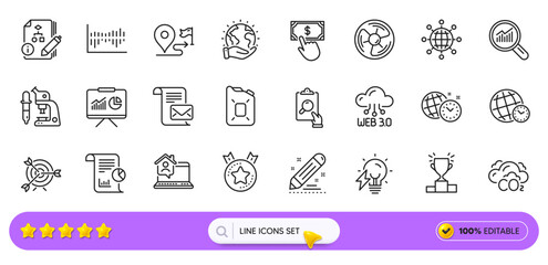 Work home, Ranking star and Mail letter line icons for web app. Pack of Time zone, Target, Payment click pictogram icons. Winner podium, Brand contract, Presentation signs. Search bar. Vector