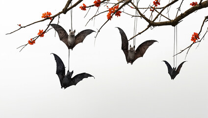 bats and jack-o'-lanterns hanging from a tree branch.