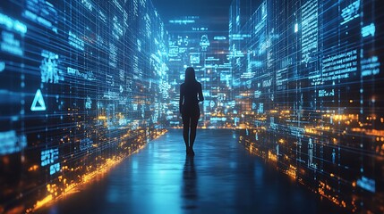 An AI-powered legal research platform, data-driven visualizations of case law floating in a virtual space, a lawyer using advanced tech tools to automate document reviews, modern minimalist design,