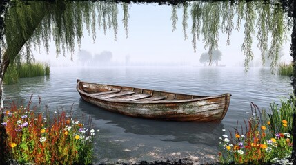 Obraz premium A serene boat resting on calm waters surrounded by lush greenery.