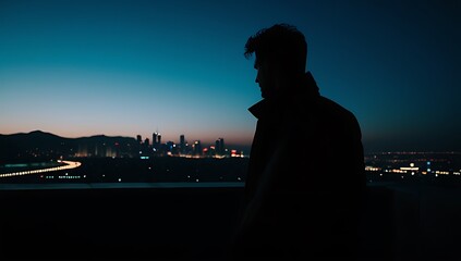 man stands alone darkness creating simple silhouette bright city background