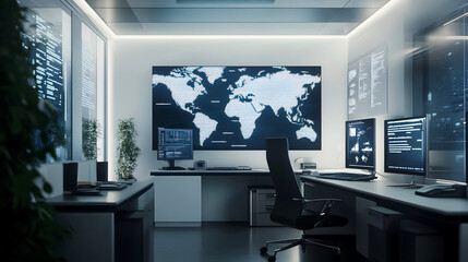 Fototapeta premium Modern workspace with interactive world map and advanced technology a glimpse into the future of business operations