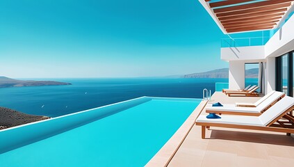 Fototapeta premium beautiful turquoise pool surrounded sunbeds breathtaking sea view perfect relaxing summer getaway atmosphere