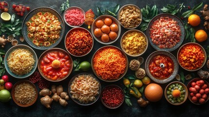 Fototapeta premium A vibrant assortment of colorful dishes and ingredients laid out.