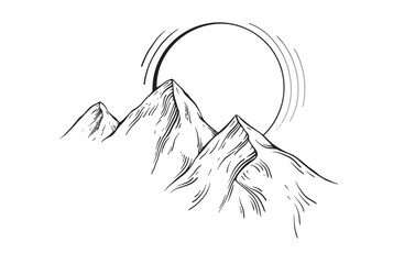 Minimalistic hand drawn Sun over mountains. Vector illustration in linear drawing style for adventure or camping on isolated background. Black etching of luggage for tourism trip or hiking.