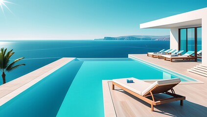 Fototapeta premium beautiful turquoise pool surrounded sunbeds breathtaking sea view perfect relaxing summer getaway atmosphere