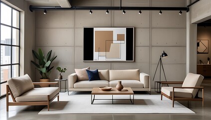 beige furniture sits modern loft earthy tones art frame concrete wall