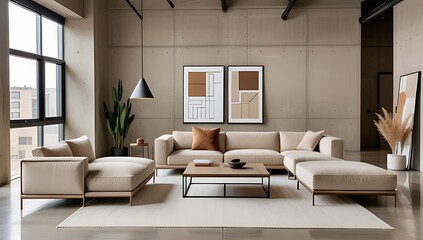 beige furniture sits modern loft earthy tones art frame concrete wall