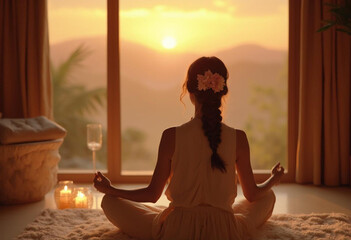 serene moment of meditation at sunset, capturing tranquility and inner peace. warm glow of sun enhances calming atmosphere, perfect for relaxation and mindfulness