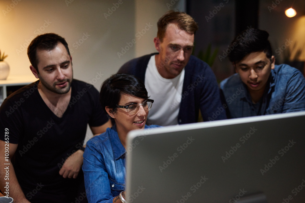 Poster Business people, computer and collaboration at night for research, information technology or coding. Diversity, programming and teamwork for problem solving, software development or cybersecurity app