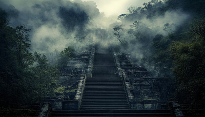 Fototapeta premium A colossal stone staircase winds endlessly through a mist-covered valley