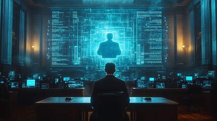 Digital forensic experts presenting data trails as evidence in a futuristic courtroom, holographic visuals showing encrypted files, timestamps, and device logs,