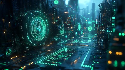 Digital patents and copyrights floating in a virtual space, represented by holographic symbols, secure blockchain encryption protecting intellectual property,