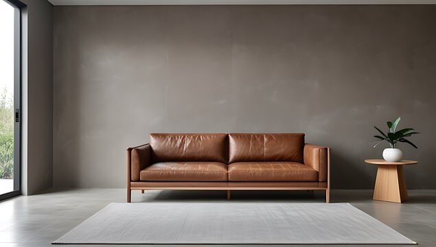 brown leather sofa sits front grey stucco wall wooden cabinet empty space